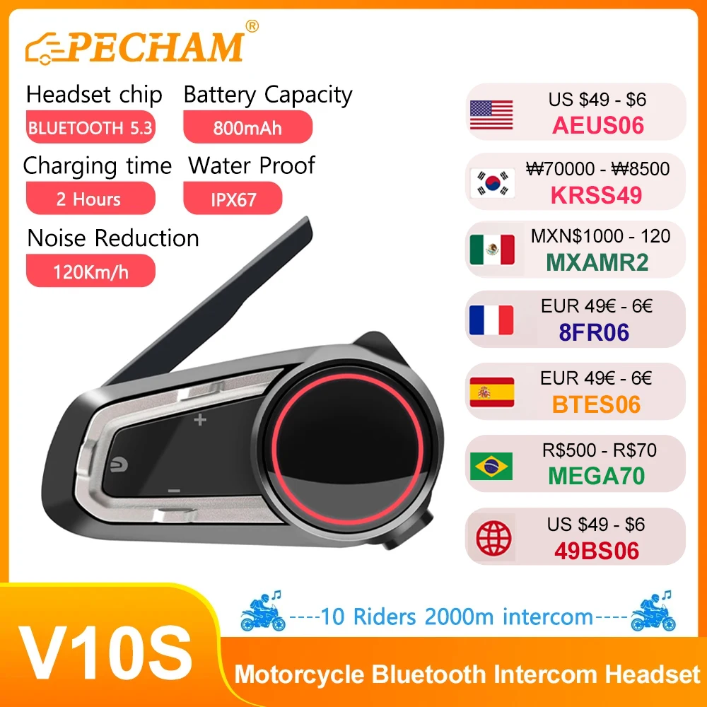 V10S Motorcycle Helmet Headphones Mesh Intercom Bluetooth 5.3 & IP67 for 10 Riders 2000m Hands-free Call Phone Intercom & Music