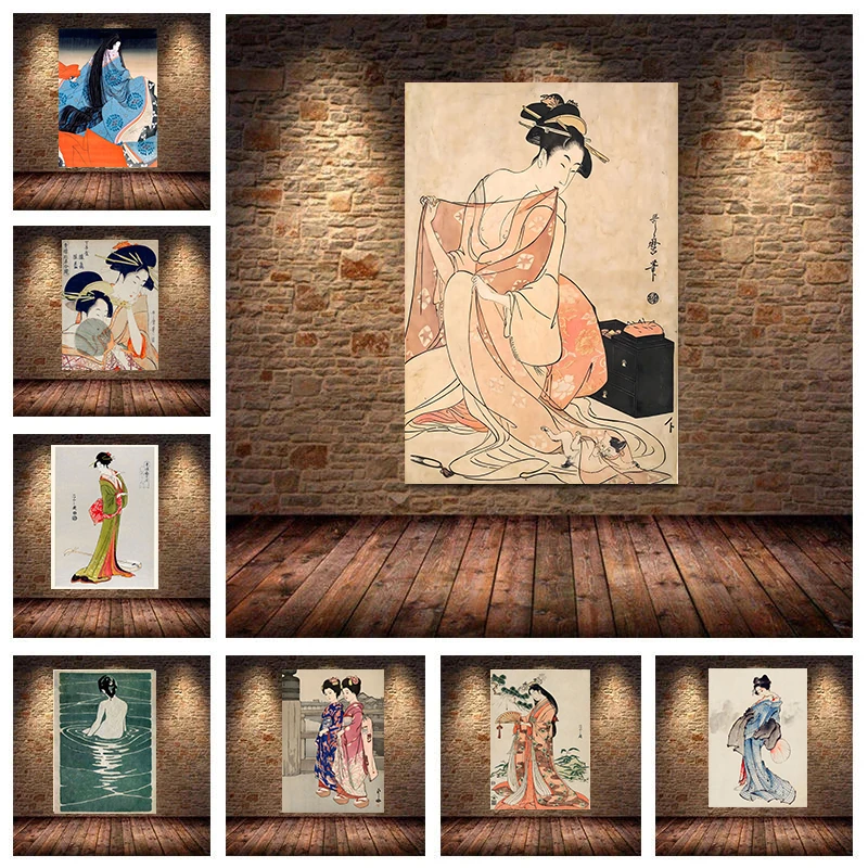 Retro Japan Ukiya Japanese Geisha Woman Canvas Painting Art Posters and Prints Wall Art Modern Picture Mural Living Room Decor