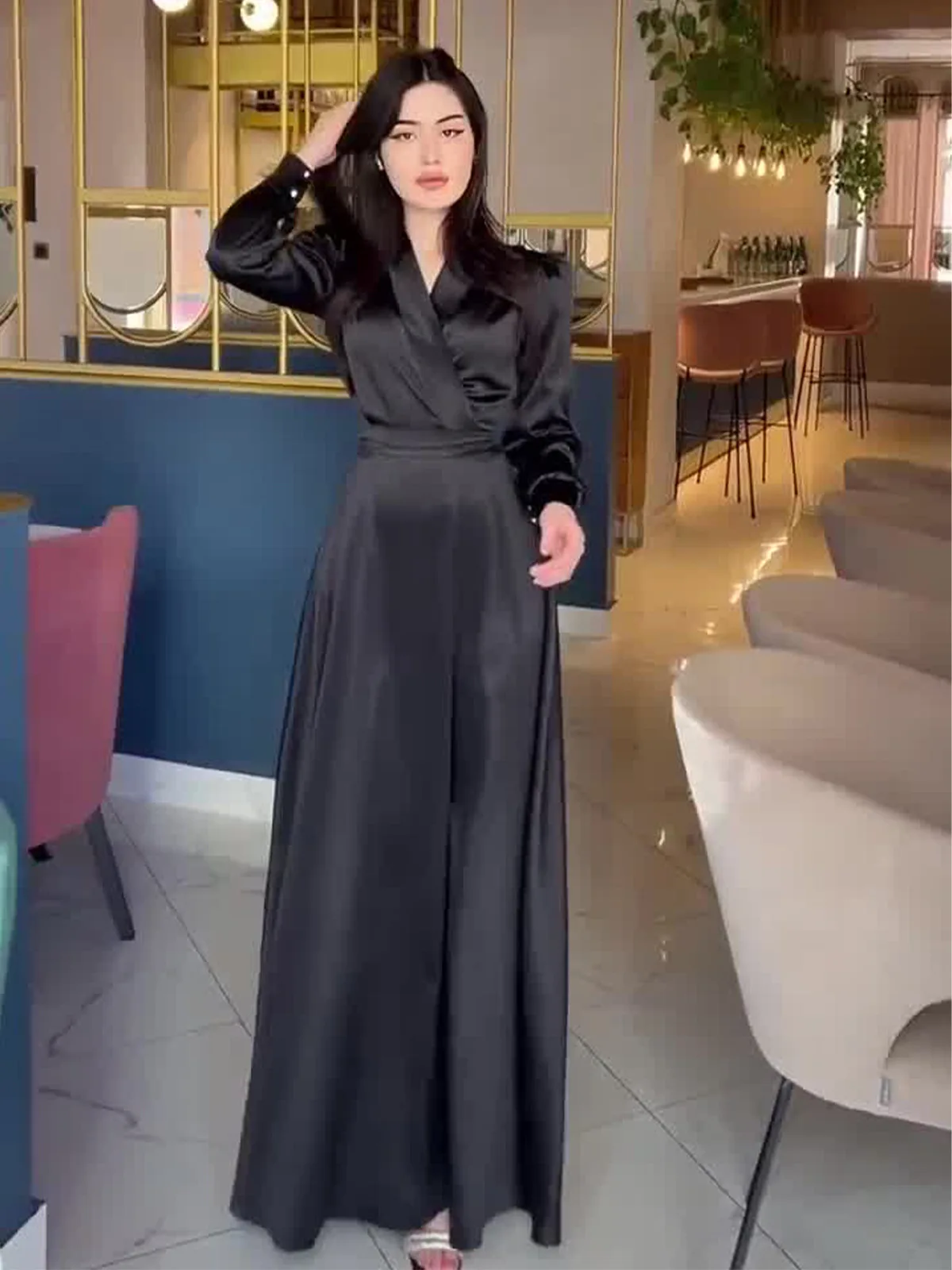 Eid abito da festa musulmano donna Ramadan raso scollo a V Abaya abito lungo cintura marocco caftano abiti Largos Dubai Robe Jalabiya 2024