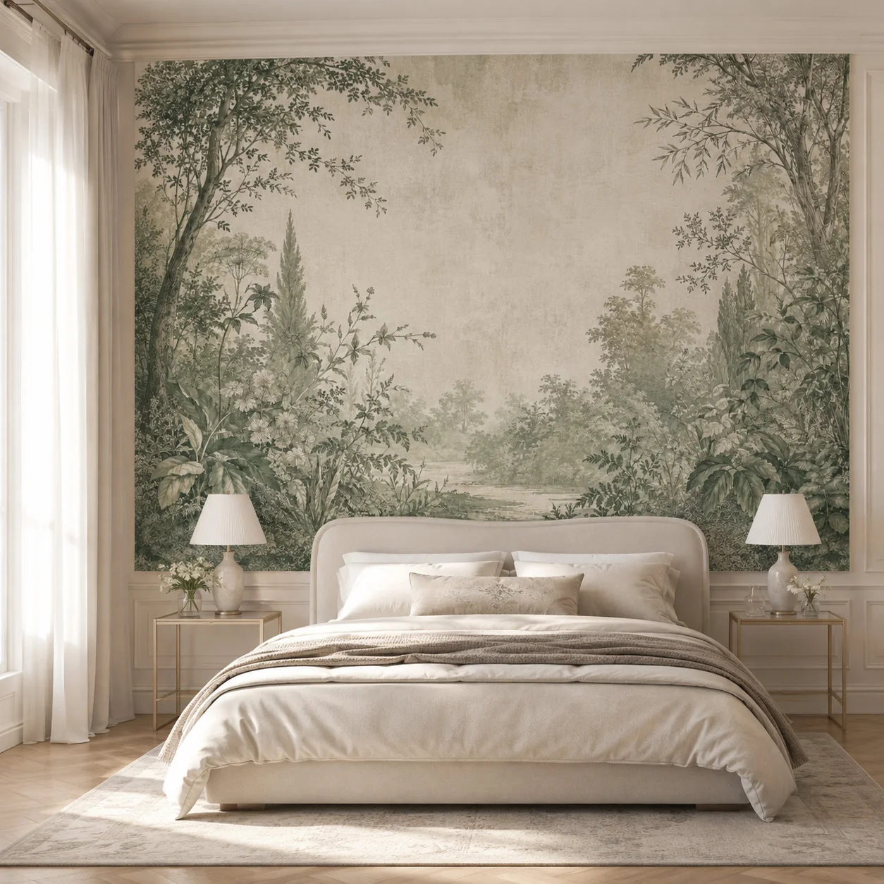 Vintage Botanical Forest Mural Wallpaper Sage Green Woodland Landscape Wall Art Living Room Non Self Adhesive Glue Required