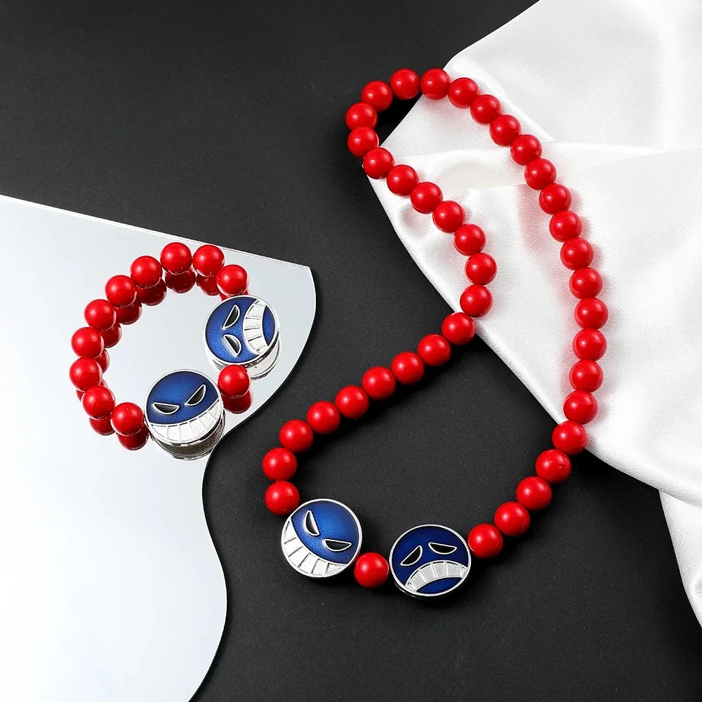Anime Red Beads Face Bracelet Necklace, Portgas D Ace, Fashion Jewelry Accessories, Cosplay Party Gifts view 2