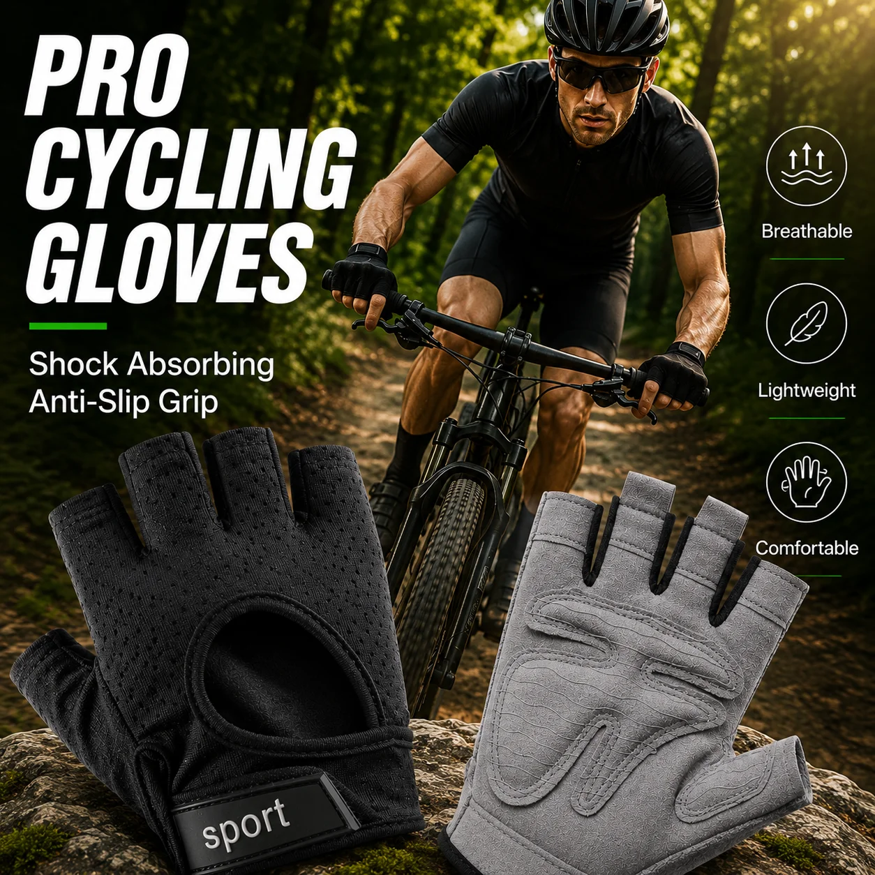 Cycling Gloves Half Finger, Shock Absorbing Bike Gloves with EVA Padded Palm, Breathable Anti-Slip Gloves for Road Bike, MTB,Gy