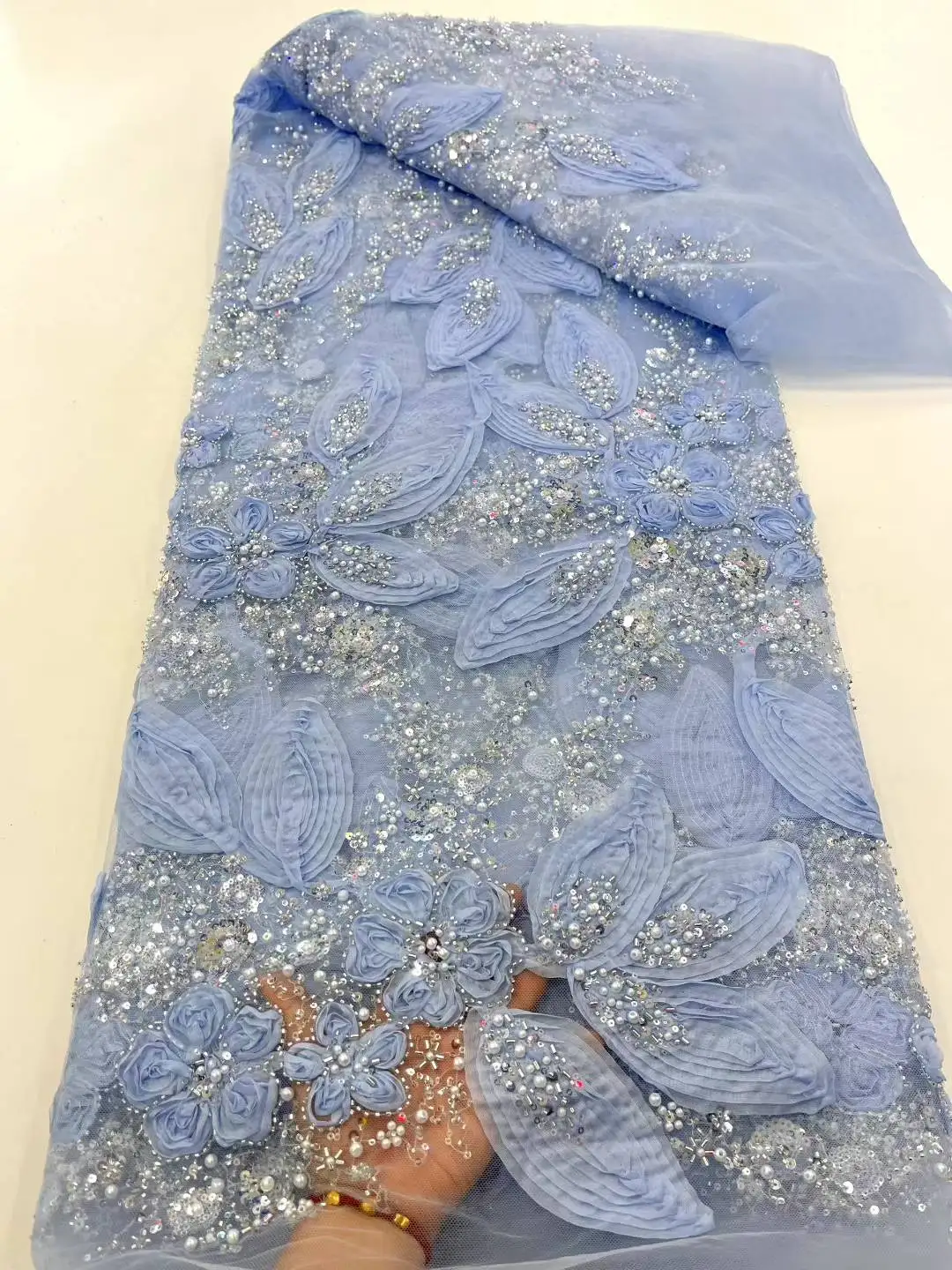 African 2025 High Quality Nigerian Beads Organzn Lace French Tulle Sequins Lace Fabric For Party Dress Sewing -XC