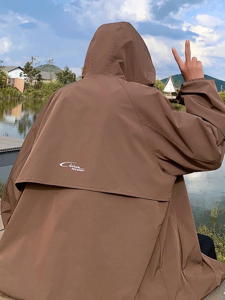 

Мужская куртка с двойной молнией, ветрозащитная, водонепроницаемая, для активного отдыха, рабочая, свободного кроя, с длинными рукавами, с капюшоном, однотонная