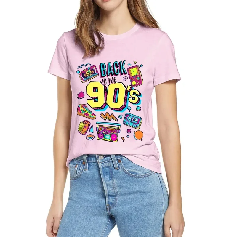 Retro 90s Graphic Print Crew Neck T-Shirt, Comfortable and Casual Summer Top for Women