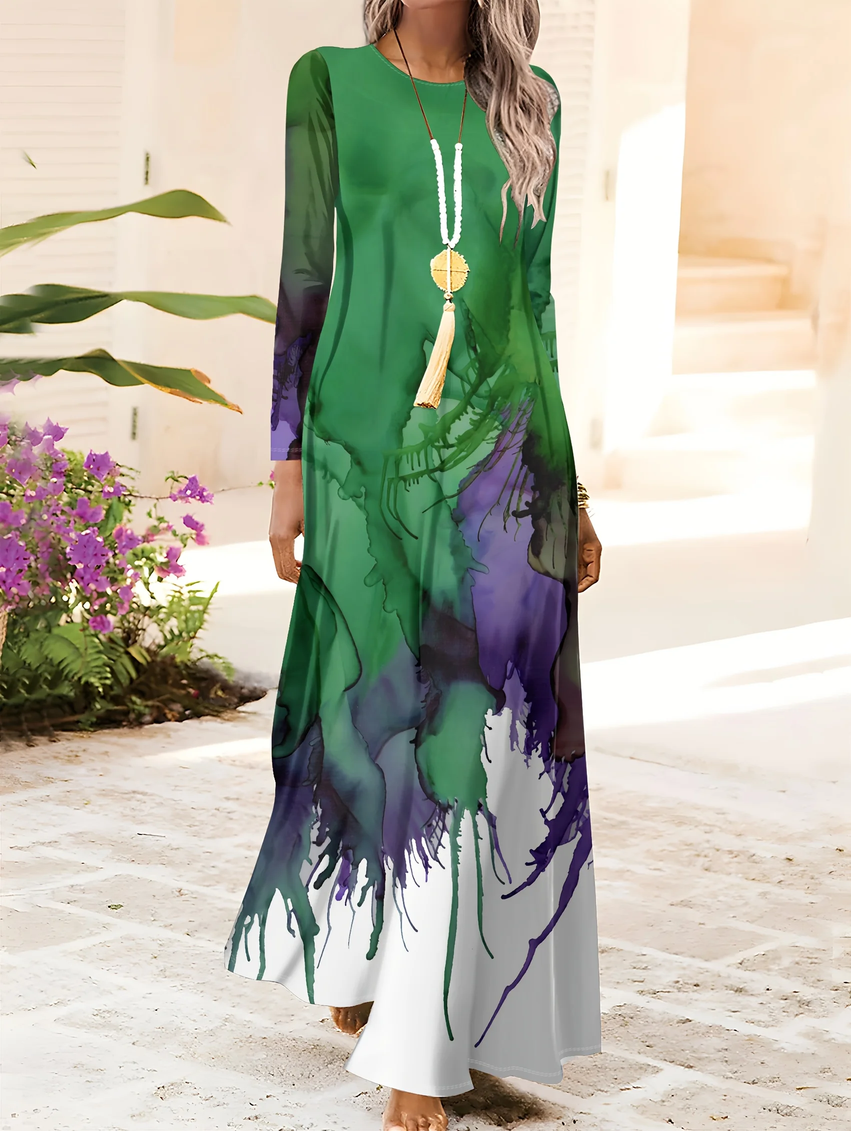 Damenkleid mit langen Ärmeln und Rundhalsausschnitt im Urlaubsstil, Aquarelldruck, grün, lila, weiß, Blumenmuster, A-Linie, Midikleid