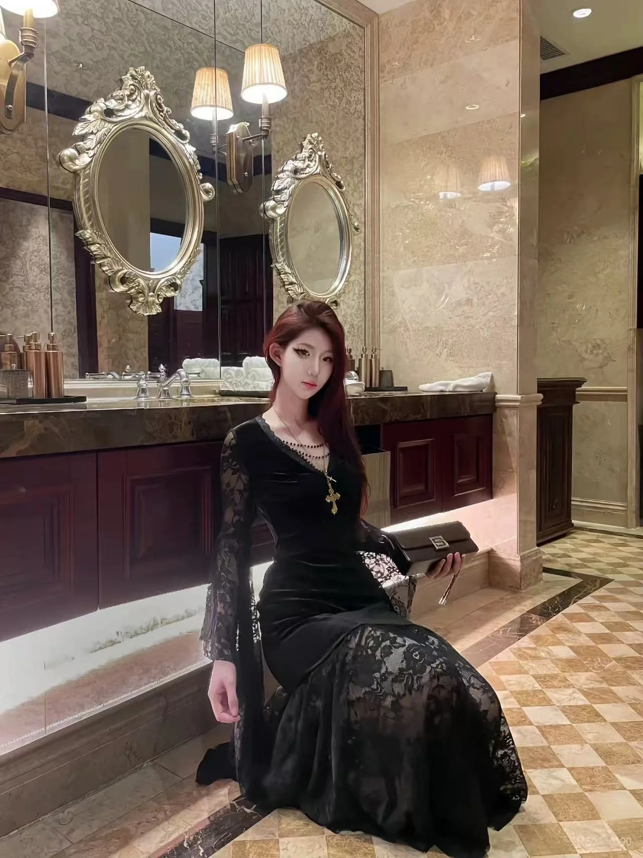 Gothic Sle loween Lace Splicing Bat Sve Dr Women's Light Subculture Clothing Long Dr High Waist Polyester Fiber