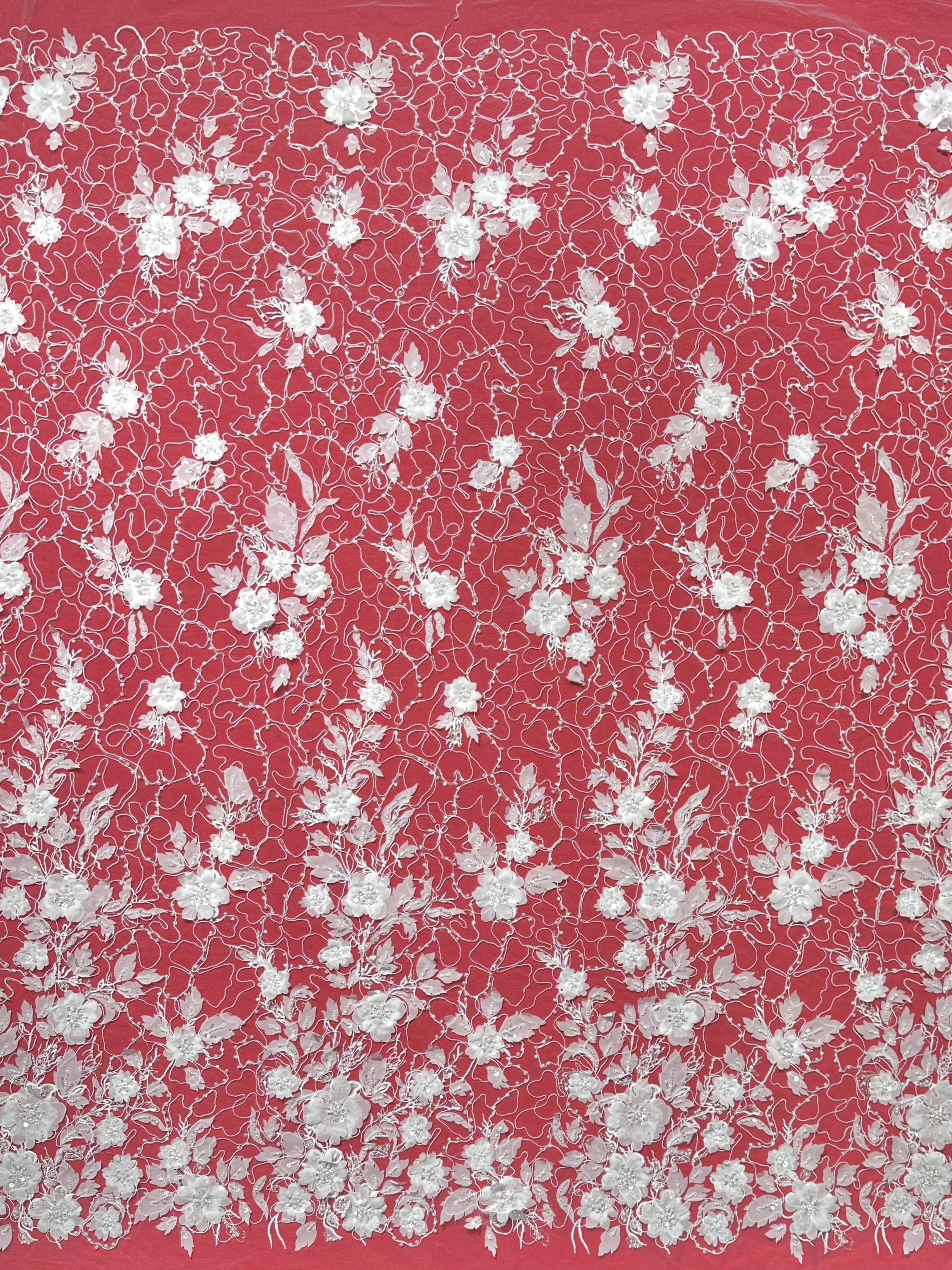 Luxury Fashion White African 3D Flower Beaded Fabric Sequins High Quality Embroidery French Lace Fabric for Wedding 5 Yards