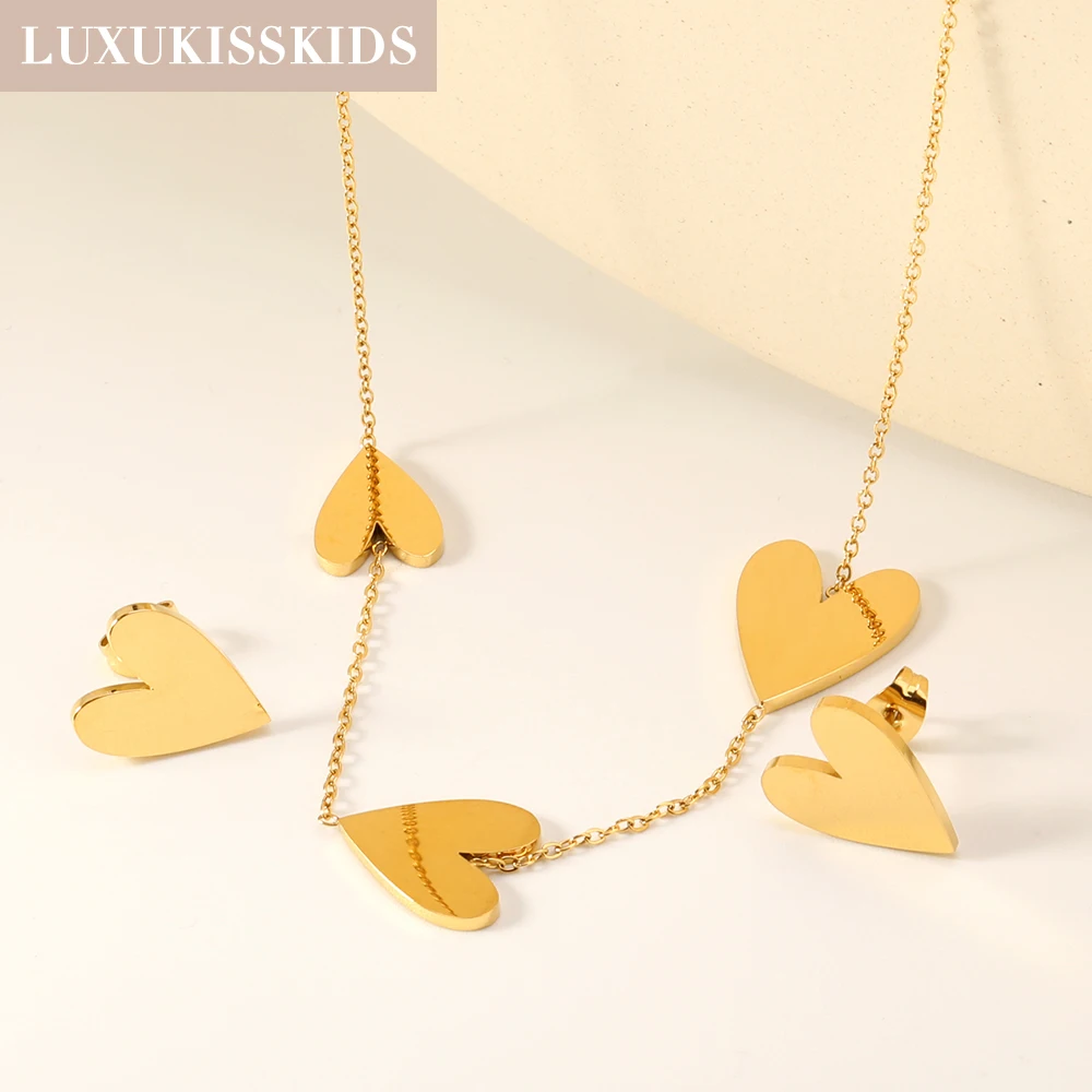 LUXUKISSKIDS Vintage Golden Jewelry Set Fashion 2025 Stainless Steel Round Pendant Necklace Earrings Sets Texture Accessories