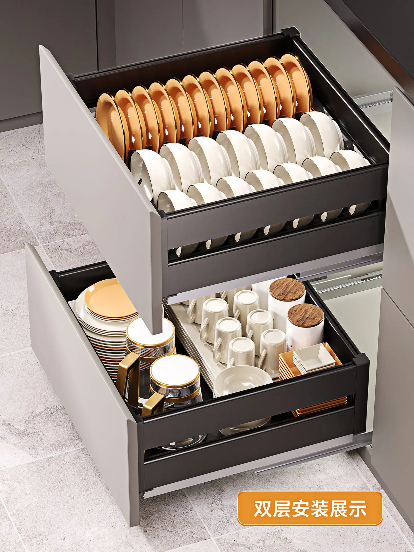 Dishes and dishes basket kitchen cabinet drawer type three-layer bowl basket aluminum alloy bowl rack kitchen cabinet dish cabin