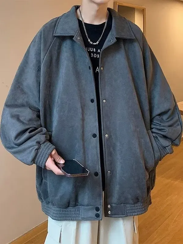 

Trendy Workwear Jaet for Men Spring Autumn Pure Color Loose Suede Baseball Sle Collar Youth Simple Design Polyester Fiber