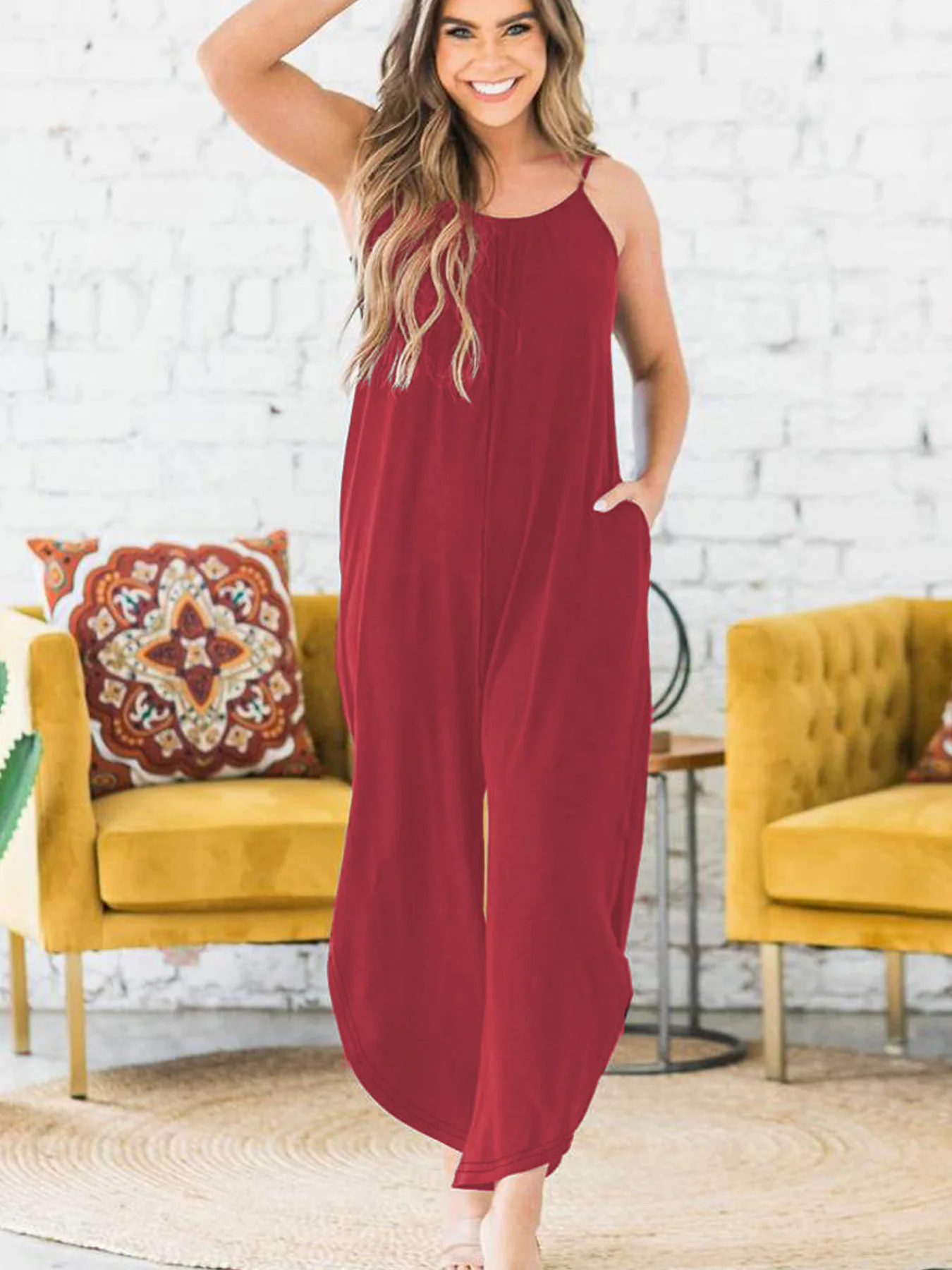 Women's Plus Size Spaghetti Strap Wide Leg Jumpsuit Loose Casual Summer Red image 2