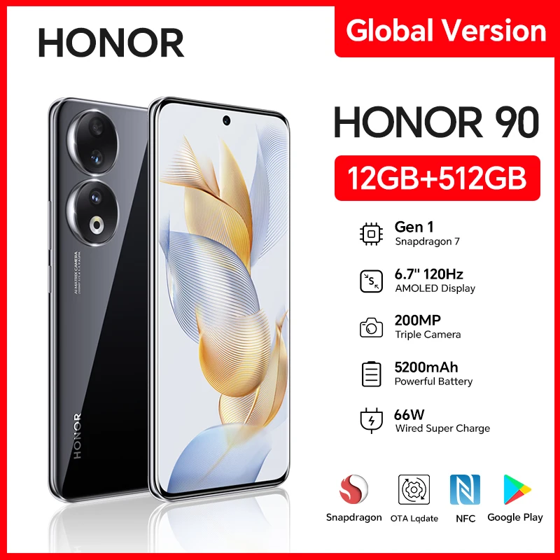 HONOR 90 5G, 8GB /12GB+256GB /512GB, 6.7” Amoled Screen, 200MP Triple Camera, Fast Charge, Android Smartphone