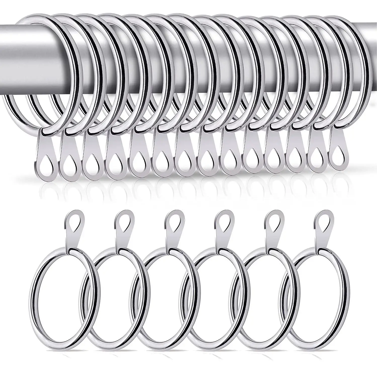 Curtain Rings and Hooks 20 Pcs, Bigger Curtain Rings Metal with 32mm Inner Diameter & Eyelets for Shower Curtains Silver