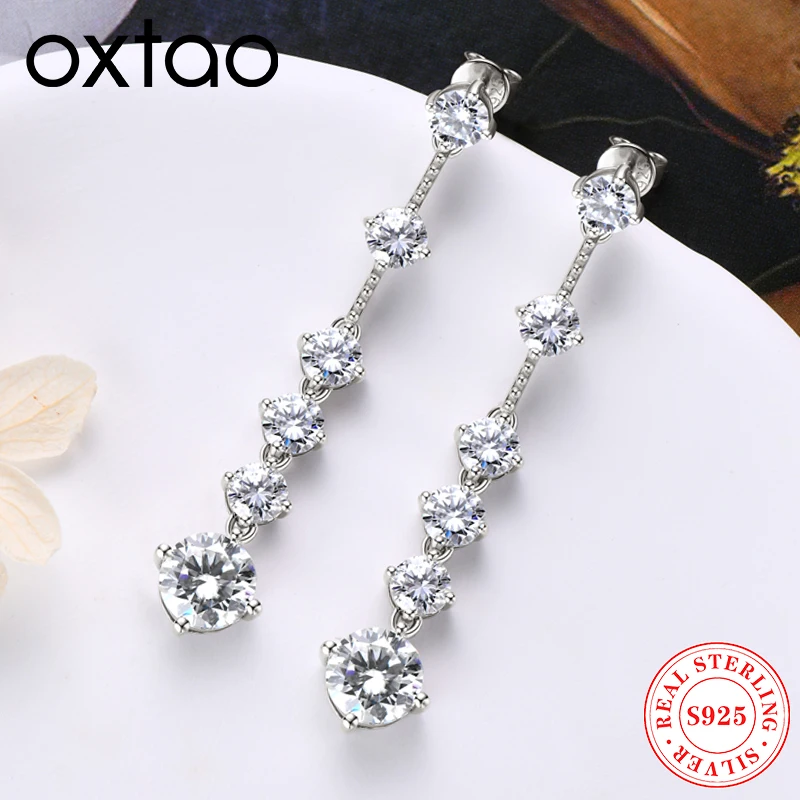 

Серьги-подвески OXTAO с муассанитом, сертификат, 8 мм, цвет D, VVS1, длинные серьги-кисточки с бриллиантами, серебро 925 пробы, женские украшения