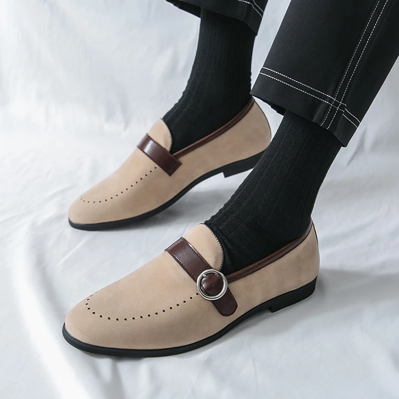 Men Edge Buckle Frosted Leather Breathable Bean Shoes Fashionable New Men's Comfortable Soft Soled Pointed Loafers Spring Brand