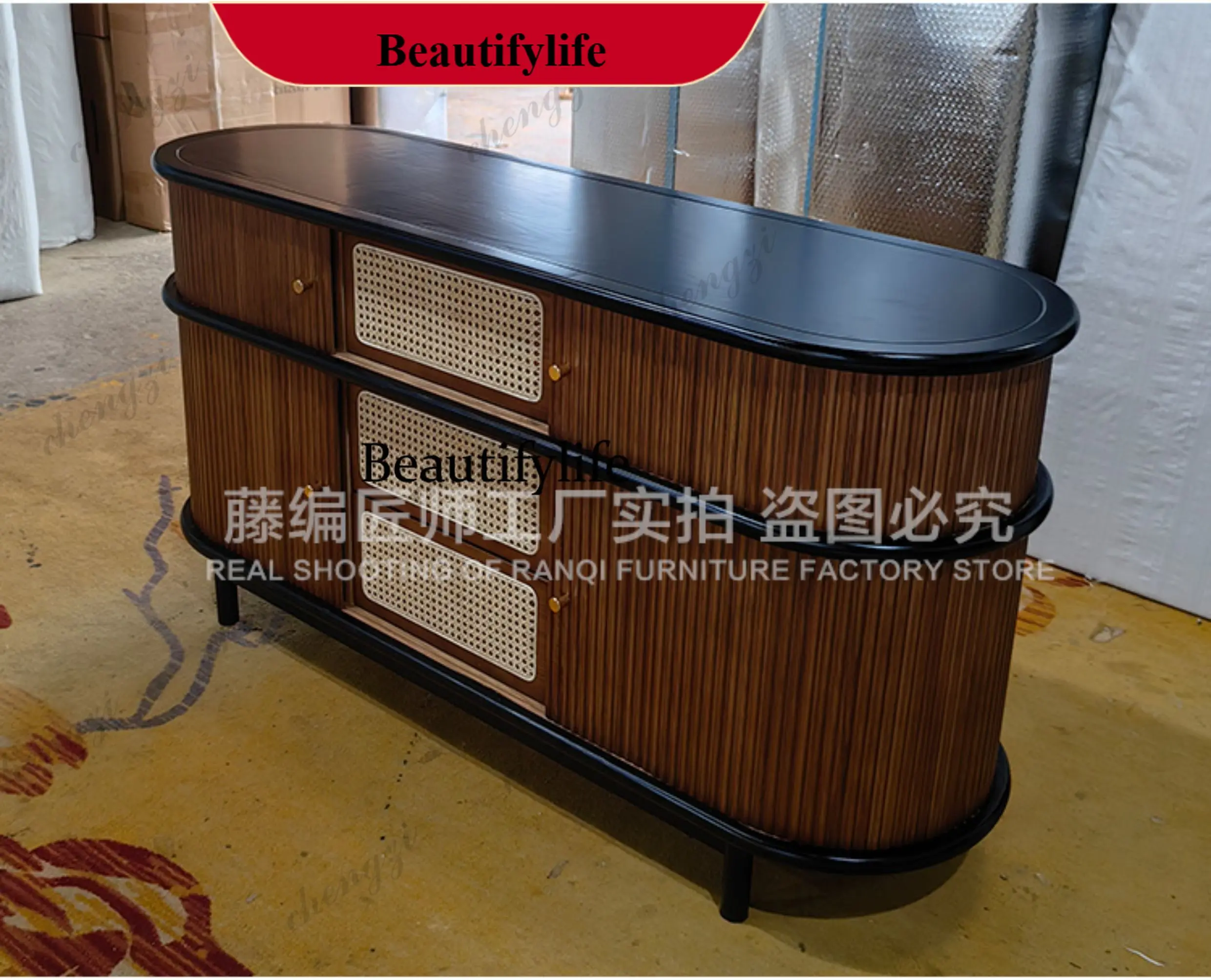 P182 Nordic solid wood locker rattan dining side cabinet Japanese retro roller shutter small apartment storage entrance cabinet