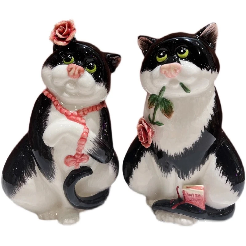 Hand-painted cat couple ceramic ornaments,animal cat statues,living room bedroom dining table decorations Valentine's Day gifts