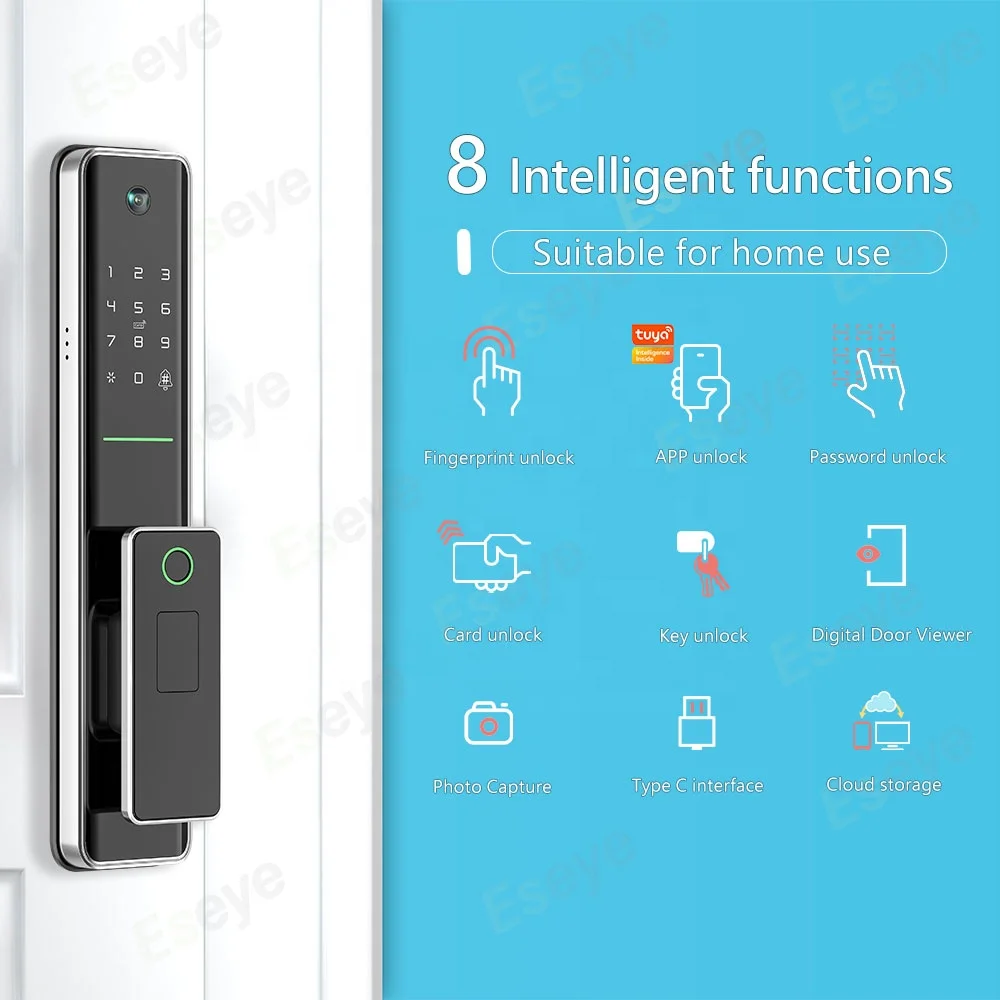 Eseye-Serrure de porte intelligente automatique avec caméra, OEM, rosée, application Tuya, télécommande WiFi, NDavid, code de mortaise électronique 6068