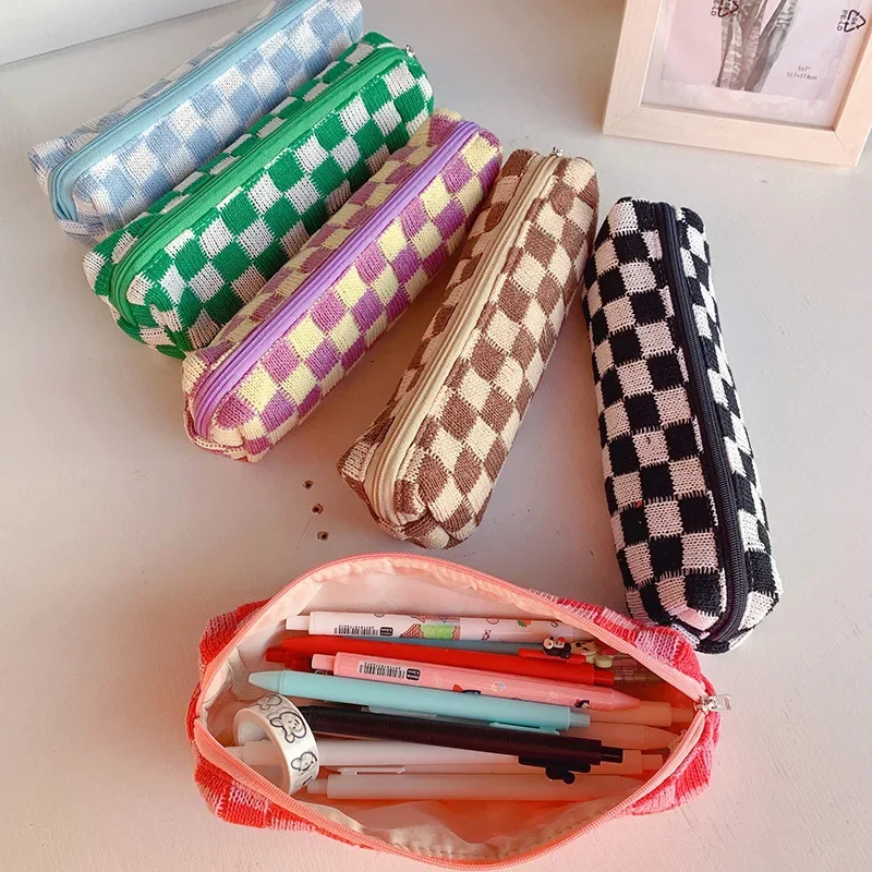 Pencil Cases For Girls Trousse Scolaire Pencil Pouch Korean Stationery Checkerboard Pen Case Knitting Estuche Escolar Pencilcase