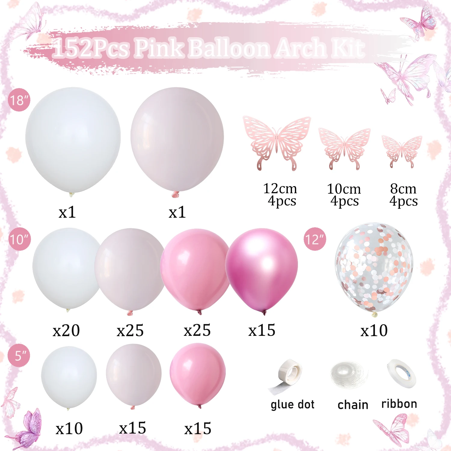 152Pcs Pastel Light Pink White Metallic Pink Balloons Arch With Butterfly Stickers for Baby In Bloom Baby Shower Birthday Decor