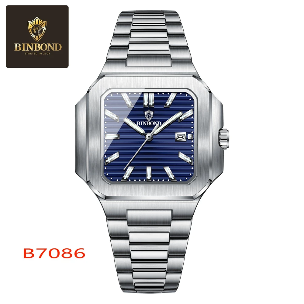 Binbond luxo quadrado esporte homem relógio de pulso à prova dwaterproof água luminosa cronógrafo quartzo relógios masculinos aço inoxidável reloj