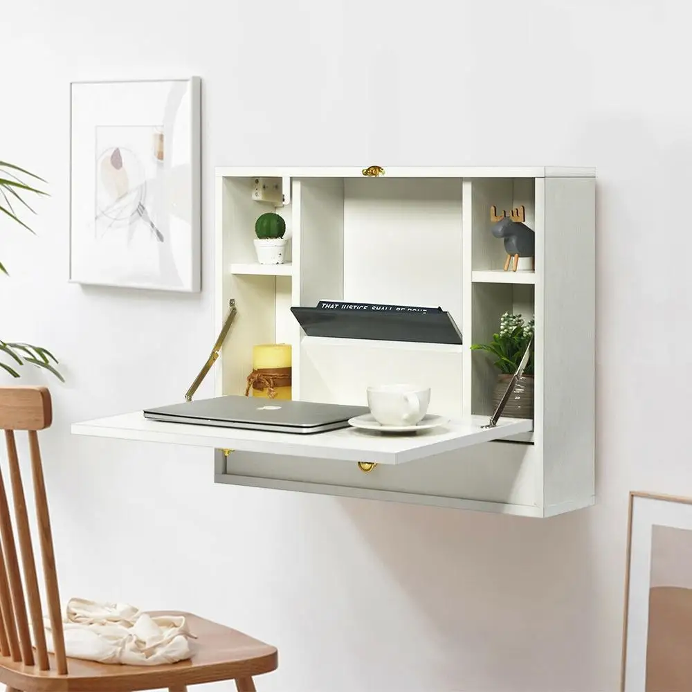 Wall Mounted Folding Laptop Desk Hideaway Storage With Drawer-White