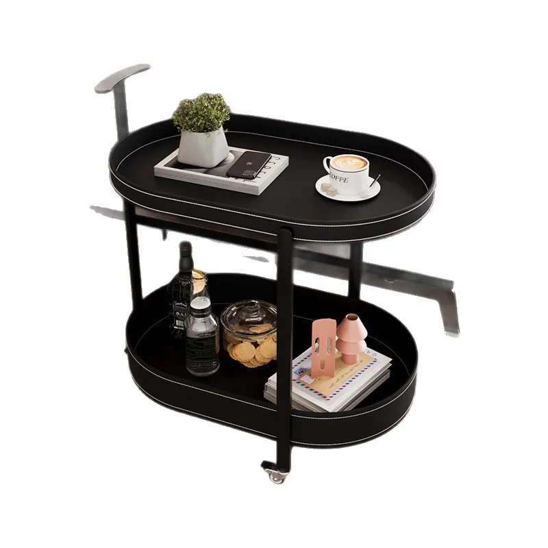

Italian oval saddle leather cart coffee table sofa side shelf hotel restaurant movable high-end dining car