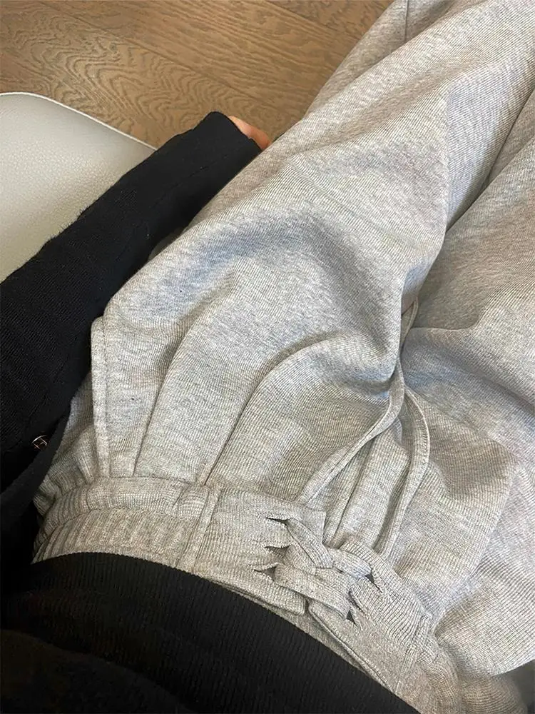 Grey Drawstring High Waist Loose Women's Casual Pants Autumn New Style Hiding Hip Sports Wide Leg Sweatpants