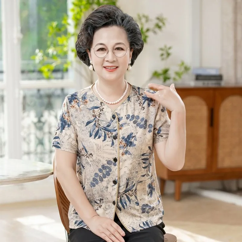 Women's Summer Floral Print Blouses for Elderly Short Sleeve Button-Down Casual Tops