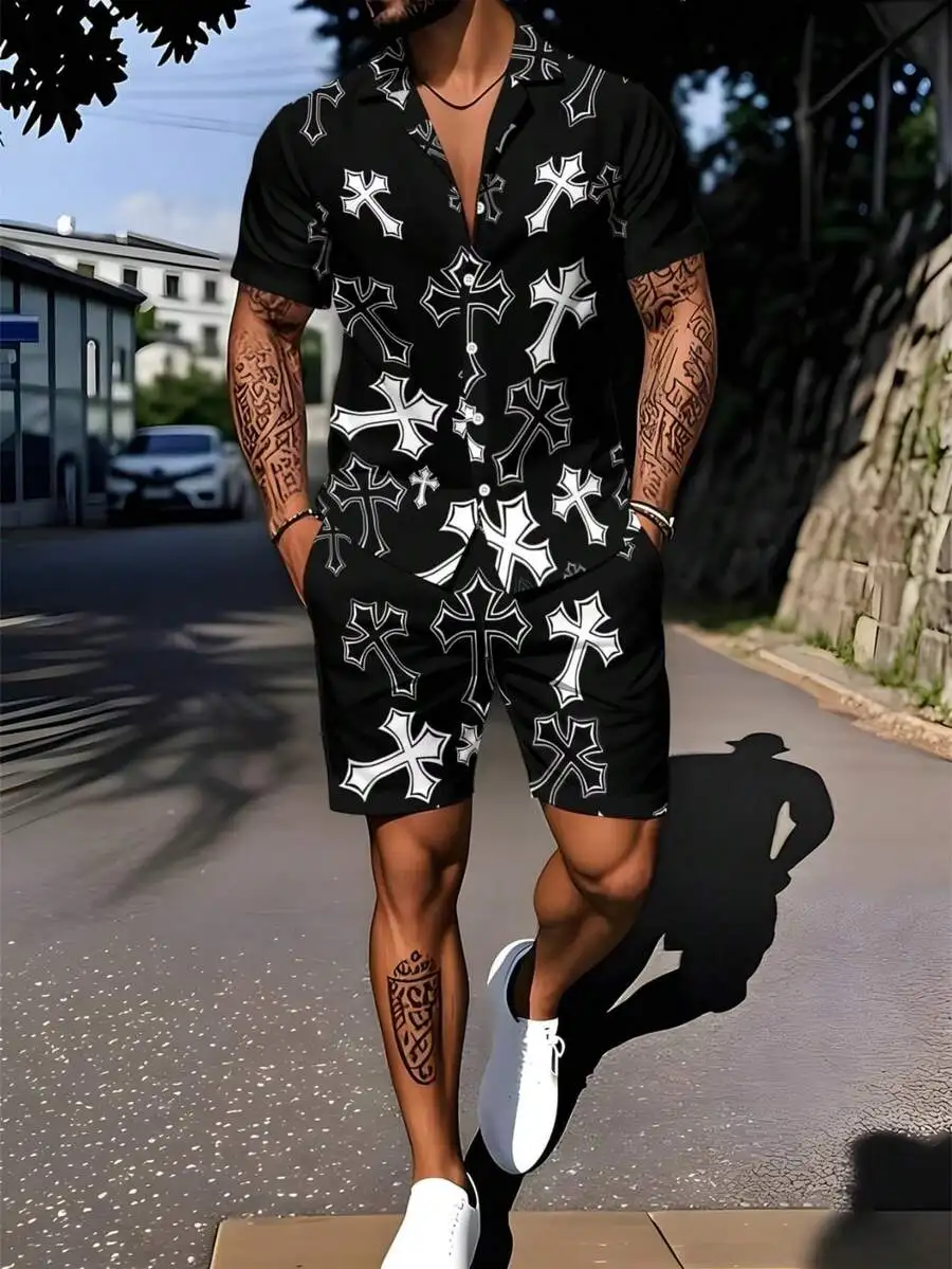 

White Cross Print Mens Two-Piece Set Shirt And Shorts Lapel Casual Summer Outfit