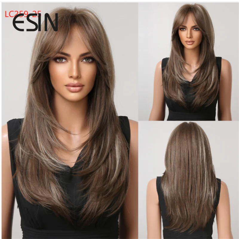 

ESIN Synthetic Wig Medium Mixed Brown and Purple Color Wigs for Women Ombre Layered Hair with Dark Roots
