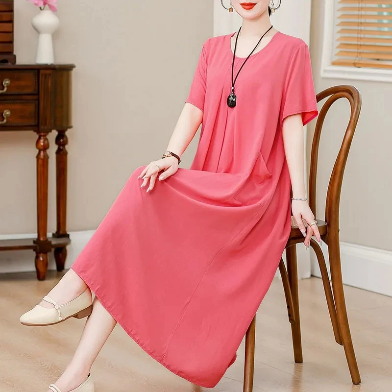 New Summer Cotton Silk Nightwear for Women's Mothers Plus Size 5XL Solid Color Pocket Pajamas Dress Comfortable Cool Sleepdress