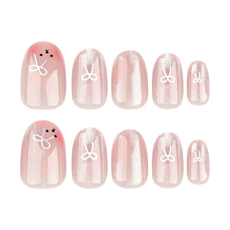 24pcs/box wearable cute girl sweet cat eye love bow short blush manicure fake nails