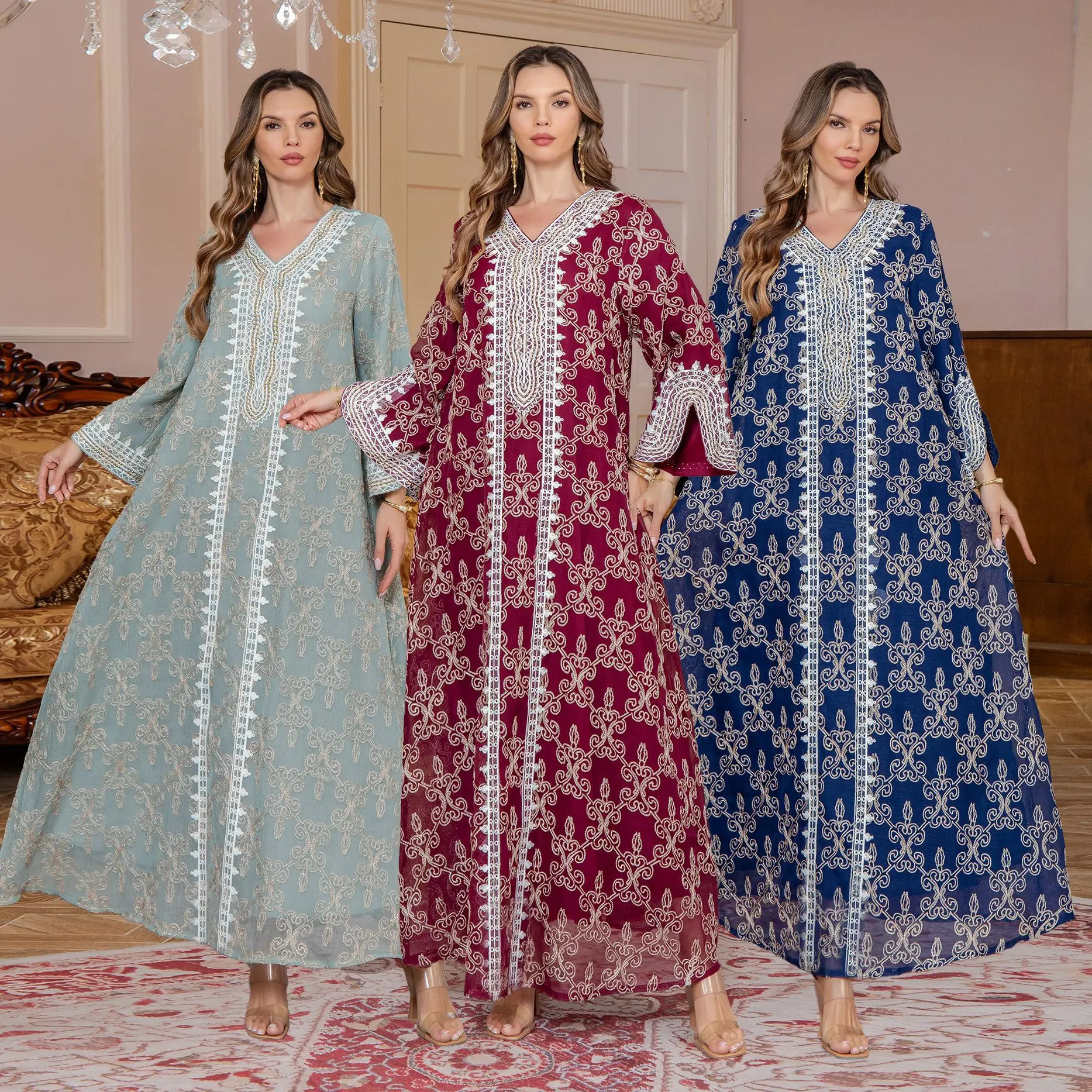 

Elegant Muslim Jalabiya Embroidered Dubai Long Dress Middle East Women's Kaftan Robe Abaya Arabian Islamic Clothing Party Gown E