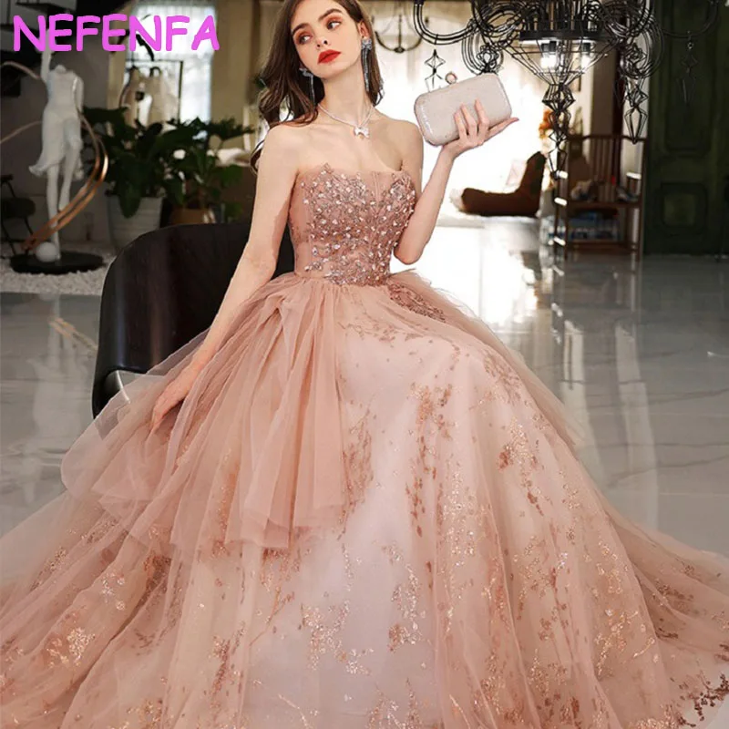 

NBFENFA One-shoulder Evening Dress 2024 New Pink Performance Birthday Party Wedding Dresses Female Formal Dress Women Elegant