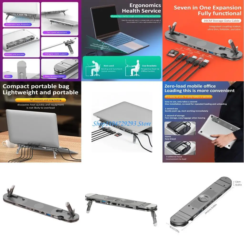 

Y2GD Foldable Aluminum USB C Stand Dock 7 Port Expansion Dock 4K60Hz 100W Charging Ethernet Card Reader For Laptops