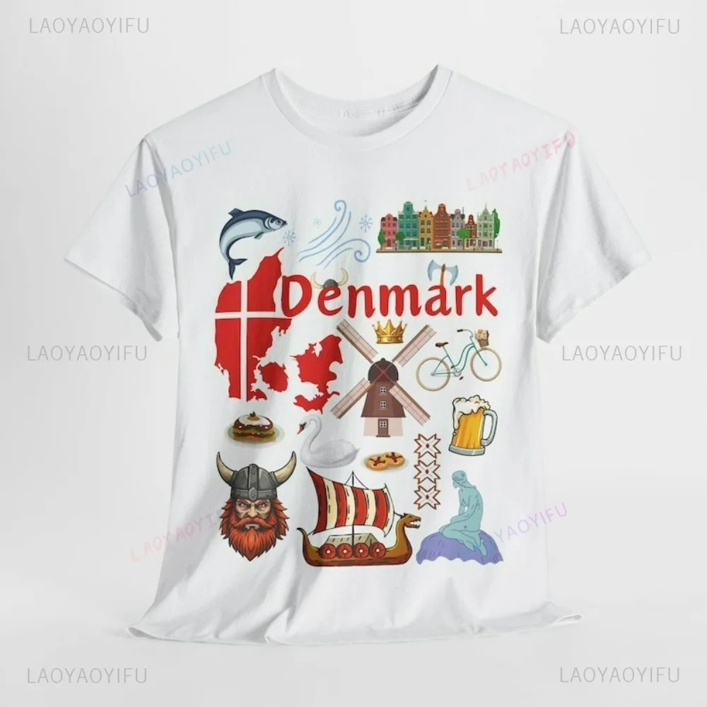 Дания Путешествия Хлопковая футболка Викинг Рогатый шлем Русалка Копенгаген Цветные строительные блоки Ветряная мельница Велосипед