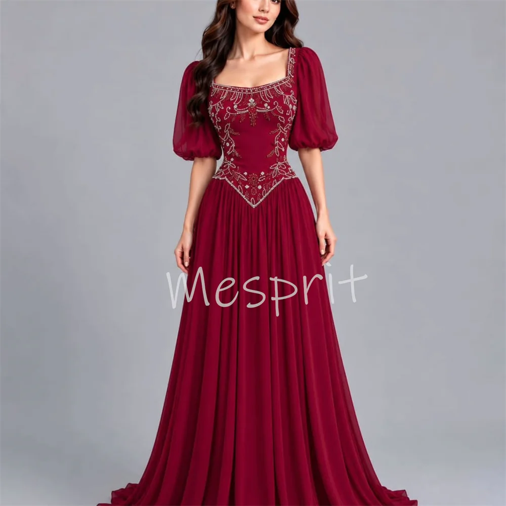 Customized Classic Chiffon Pleat Sequined Pattern A-line Square Neck Long Bespoke Occasion Homecoming Dresses Matching