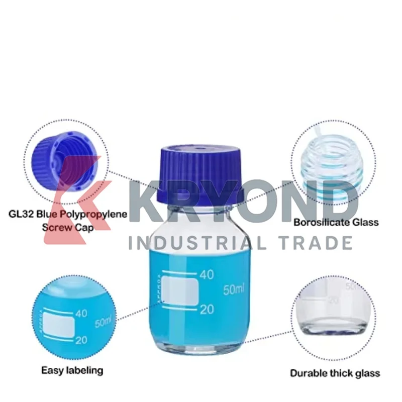 50ml Glass Media Storage Bottles Pack of 3 Lab Bottles with GL32 Blue Screw Cap for Scientific Lab Original Product