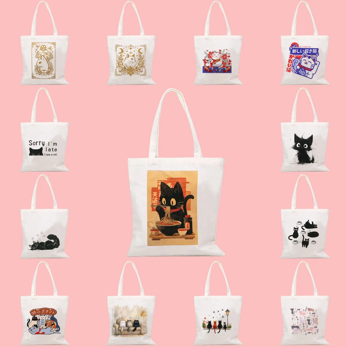 

Cute Animals Black Cats Capacious Tote Bags Lucky Cat Canvas Bag Casual Portable Shoulder Shopping Bag Eco-friendly Bag for Girl