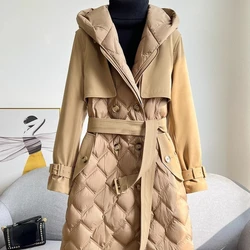 MENINA BONITA 2023 Long Winter Women Warm Natural Goose Feather Down Jacket Luxury Loose Coat Hooded Loose Outerwear New Fashion