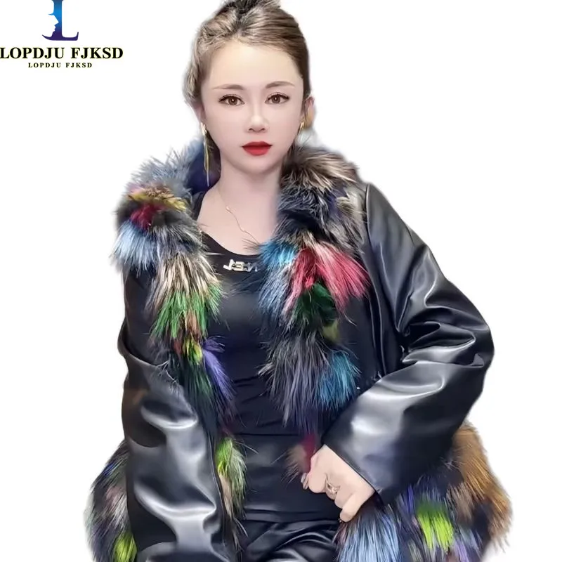 

Faux Fur Coat for Women,Covered Button Jacket,England Style PU Outwear,Faux Fox Fur Collar, Autumn and Winter，2024