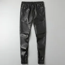 Men's Leather Pants Superior Quality Elastic Waist Jogger Pants PU Leather Trousers Biker's Pants Waterproof