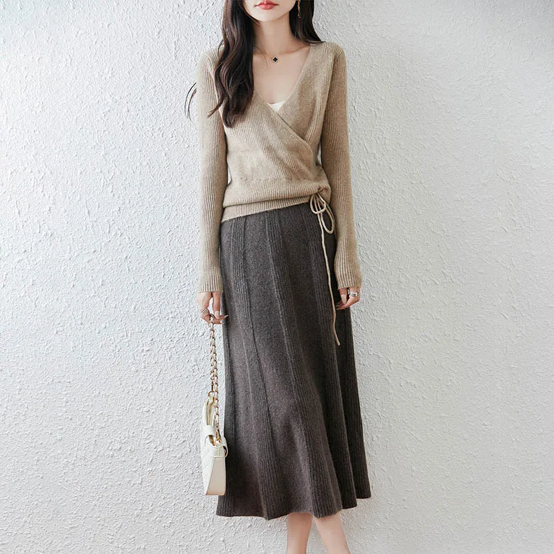 100% Wool Women's Wide Vertical Ribbed Solid Color Midi Skirt, Autumn Winter Versatile Slim Knitted Wool Long Skirt