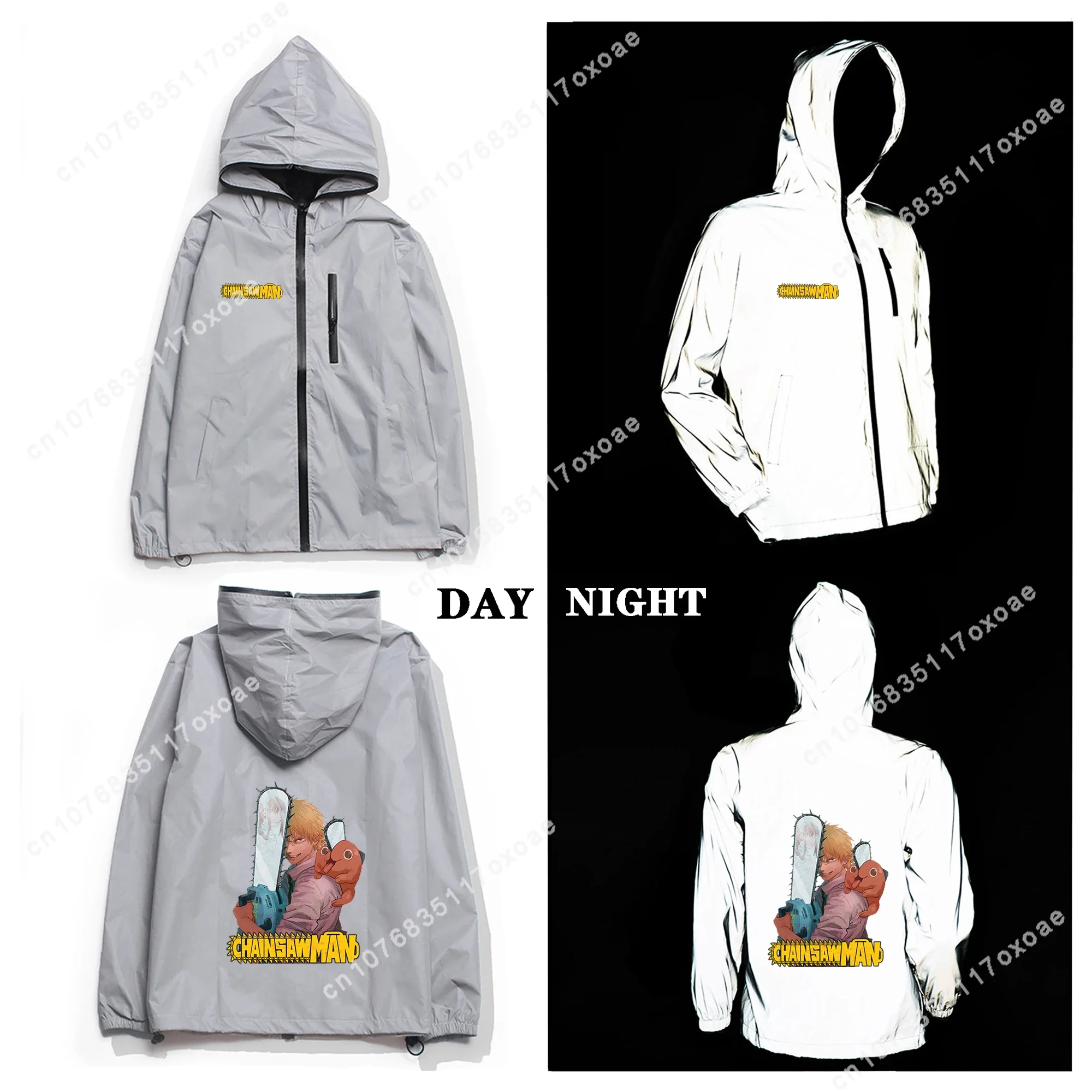 Chainsaw Man Reflective Jacket Mens Womens Coat Hooded Windbreaker Pocket Jackets Denji Anime Cartoon Manga Customization Hoodie