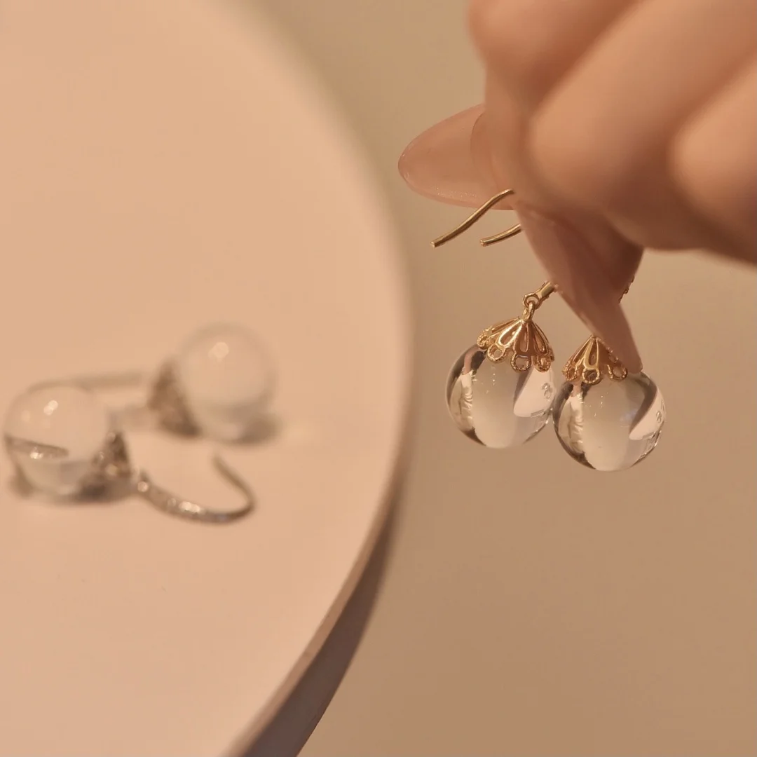 1 Pair Fengbaowu Natural Stone Rock Quartz Earring Sphere 925 Sterling Silver Crystal Fashion Jewelry Gift For Women