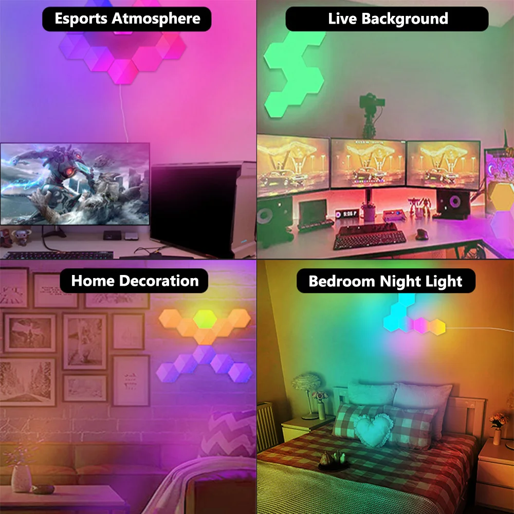 Smart Bluetooth LED Hexagon Wall Light RGB APP/Remote Control Geometric Modular Music Sync Night Light Game Living Room Decor