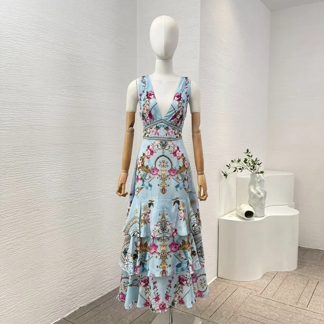 Blue Position Floral Print Sleeveless V-Neck Cake Stacking Pleat Midi Dress Pure Silk 2024 New High Quality Vintage