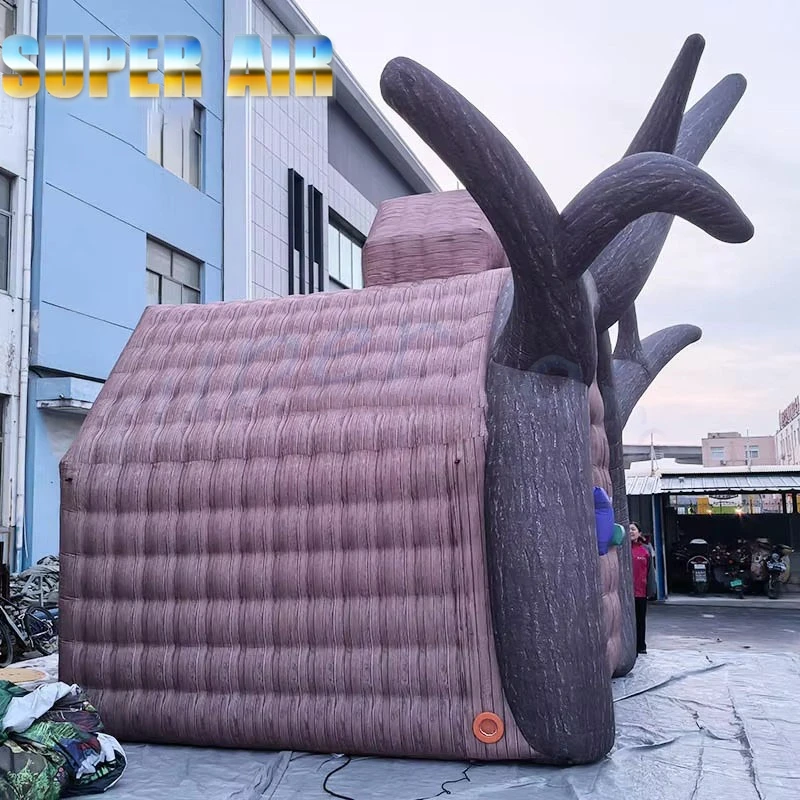 Simulation Wood Inflatable Cabin Tent with Giant Antler Decor Custom Inflatable House Booth for Forest Theme Party Halloween